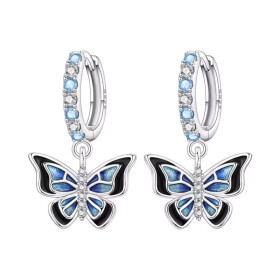 Stříbrné náušnice Motýl v modro-černém designu - stříbro 925/1000, Modrá