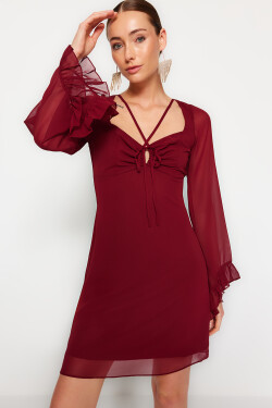 Trendyol vínové volánkové šifonové elegantní večerní šaty