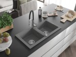 MEXEN/S - Mario granitový dřez 2-bowl včetně baterie Aster, šedá 6504-71-73450-07
