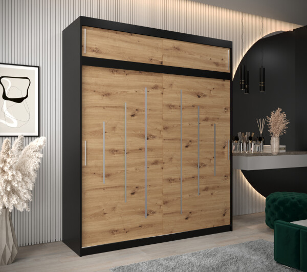 Šatní skříň Abi Y0 s nástavcem Barva korpusu: Černá, Rozměry: 200 cm, Dveře: Dub artisan