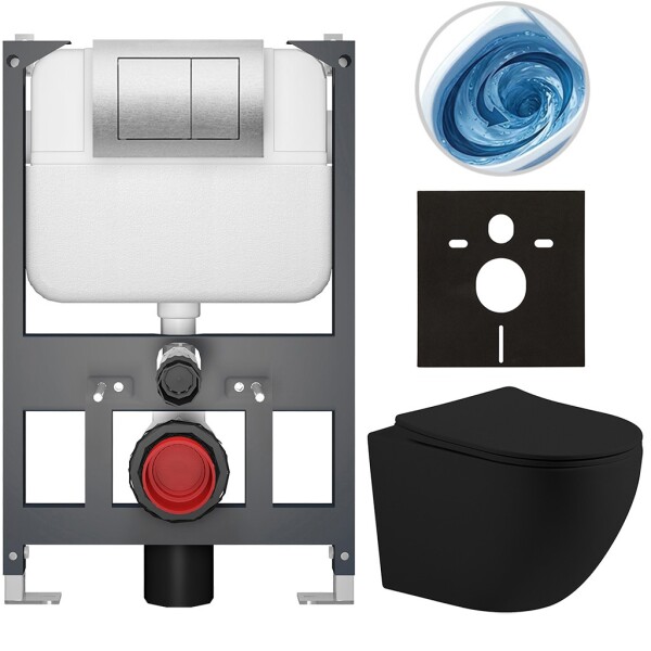 CERANO - Kompletní WC set Basic/Cesso - černá matná - WC tlačítko Maxio/Stříbrná - závěsné - nízký modul - předstěnová instalace - 49x36 CER-8050BD86224