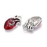 Kovový přívěsek - starostříbrný s červeným smaltem - srdce - 25 x 16 x 4 mm - 1 ks