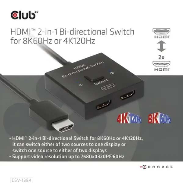 Club3D CSV-1384 černá / Switch HDMI / 2v1 obousměrný / 8K 60Hz / 4K 120Hz / HDMI 2.1 (CSV-1384)