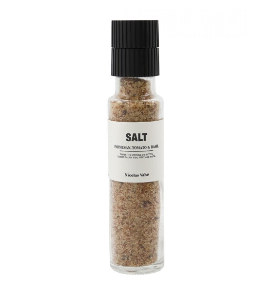 Nicolas Vahé Ochucená sůl Parmesan Tomato Basil 300 g, růžová barva, černá barva, čirá barva, sklo
