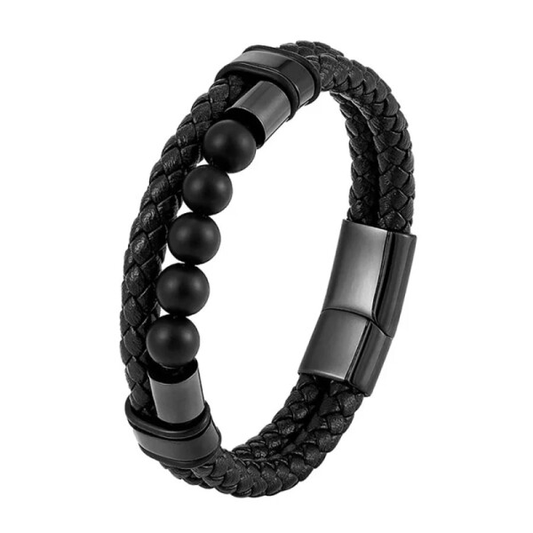 Pánský náramek Celso - 8 mm achát, ocel, kůže, Černá 21 cm