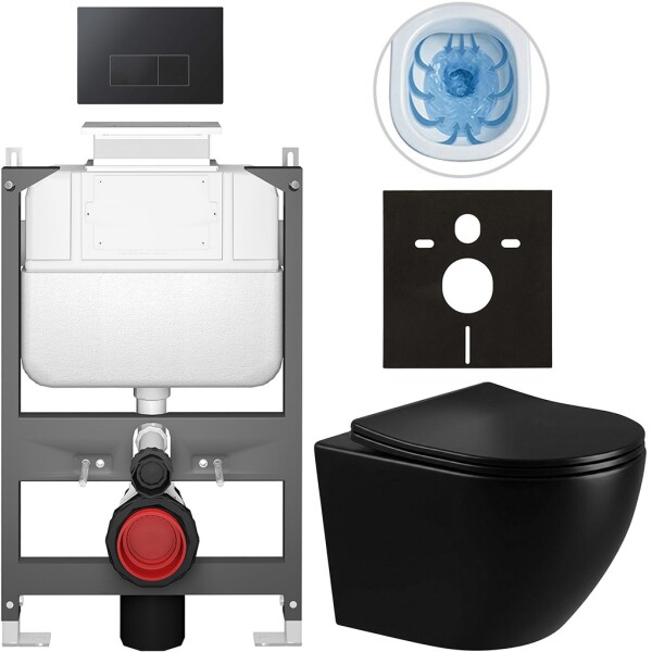 CERANO Kompletní WC set Basic/Cesso - černá lesklá - WC tlačítko Modulo/Černá - ovládání shora - předstěnová instalace - 49x36 cm