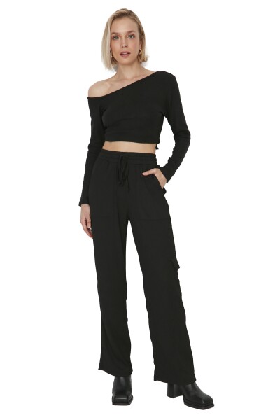 Trendyol černá kapsa detailní široké nohavice / ležérní střih s vysokým pasem ostré pletené kalhoty
