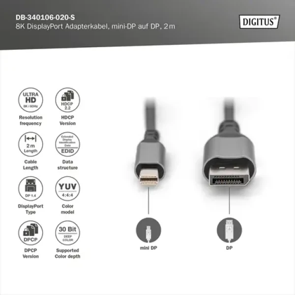 Digitus Mini DP - DP / Redukce / DisplayPort / 8K / 2 m (DB-340106-020-S)