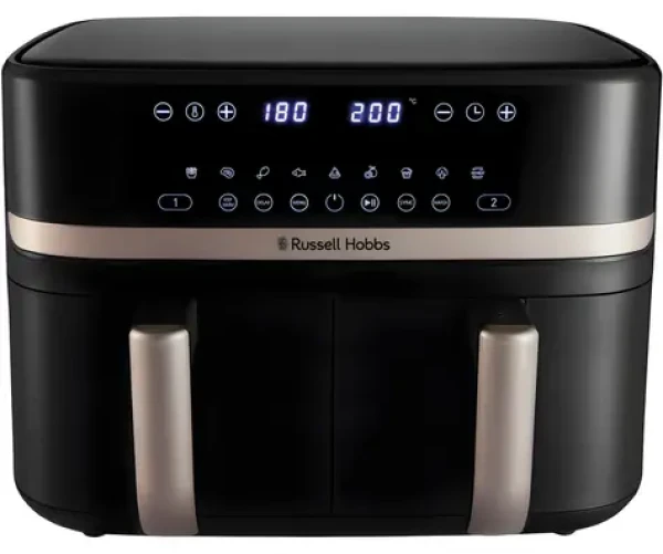 Russell Hobbs Satisfry Dual černá / Horkovzdušná fritéza / 2× 4,5 l koš / 2800 W / dotykový displej / 9 programů