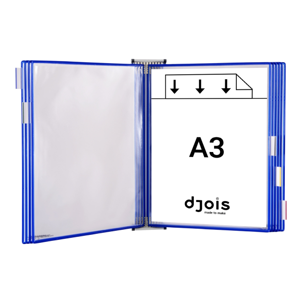 Djois nástěnný kovový držák s rámečky, 10 rámečků s kapsami A3 na výšku, modré rámečky, 1 set