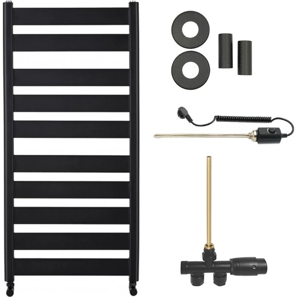 CERANO Koupelnový radiátorový set Marco - kombinované vytápění, termo tyč - boční jednobodové připojení - 600W - černá matná - 1125x550 mm