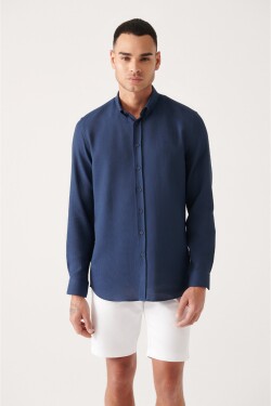 Avva Men's Indigo Buttoned Collar Textured Cotton Slim Fit Slim Fit Shirt