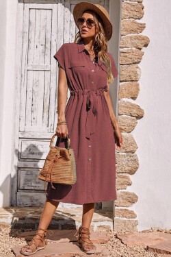 Madmext Burgundy Shirt Collar Long Dress