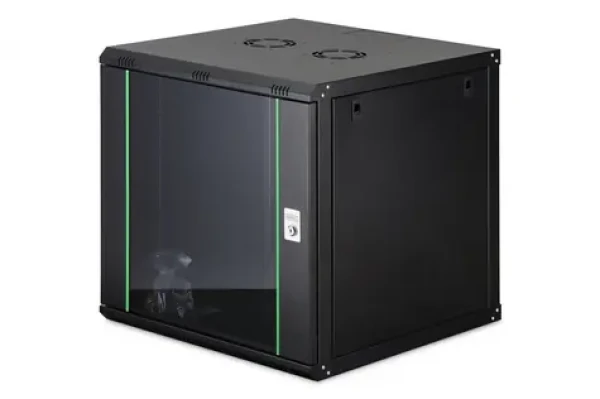 Digitus Dynamic černá / Nástěnný rozvaděč / 19" / 12U / 607x600x600 mm / skleněné dveře / aktivní chlazení (DN-37111)