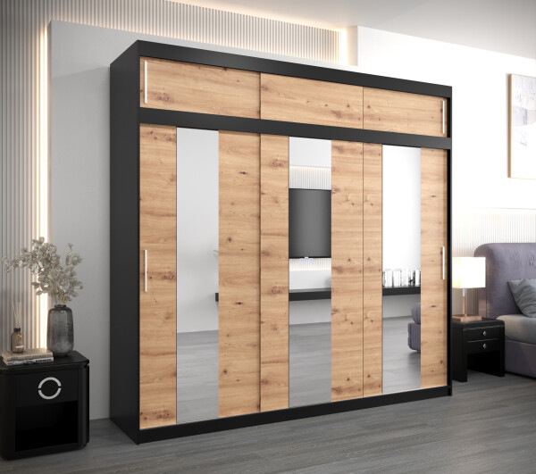 Šatní skříň Abi Po s nástavcem Barva korpusu: Černá, Rozměry: 250 cm, Dveře: Dub artisan