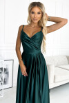 299-9 CHIARA elegantní maxi dlouhé saténové šaty bez ramínek - BOTTLE GREEN XL