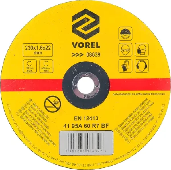 Vorel Řezný kotouč na kov 230 mm / Řezný kotouč / Průměr 230 x 22 mm / Tloušťka 1,6 mm