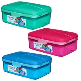 Sistema Lunch Quaddie Dělený svačinový box 1.5 l se 3 výklopnými přihrádkami ve víku a s lahví na pití mix barev (9414202239655)