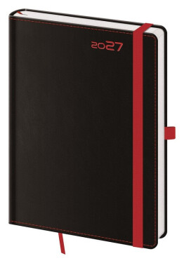 Diář 2027 týdenní A5 Black Red s poutkem na propisku
