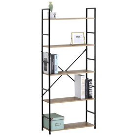 Regál, 5 polic, dekor dub, MDF, černý lak