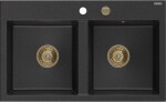 MEXEN/S - Hektor granitový dřez 2-bowl 800 x 480 mm, černá/stříbrná metalik, zlatý sifon 6521802000-73-G