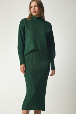 Happiness İstanbul Women's Dark Green Ribbed Knitwear Sweater Dress