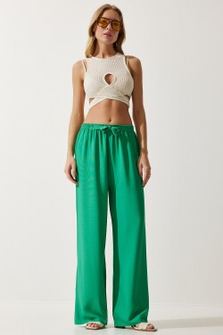 Happiness İstanbul Women's Light Green Flowy Knitted Palazzo Trousers