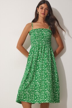 Happiness İstanbul Dámské zelené páskové květinové letní viskózové šaty