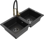 MEXEN/S - Mario granitový dřez 2-bowl včetně baterie Aster, černá/stříbrná metalik 6504-73-73450-57-B