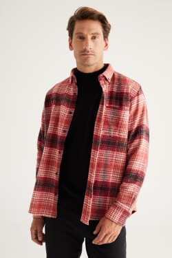 ALTINYILDIZ CLASSICS Men's Red-black Comfort Fit Relaxed Cut Buttoned Collar Checkered Flannel Shirt