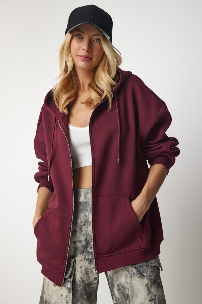 Happiness İstanbul Women's Burgundy Hooded Zipper Oversize Sweatshirt