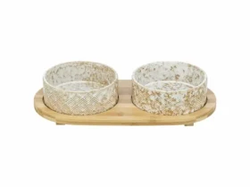TRIXIE Set keramických misek pro psy se stojánkem bílá/světle hnědá / 2 × 0,3 l / o 12 cm / Keramika a bambus (M0608765)