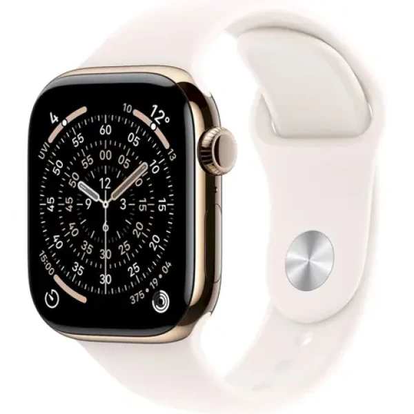 Apple Watch Series 11 GPS+Cellular 46mm Zlaté titanové tělo - Světle ruměný sportovní řemínek M/L / 160–210 mm (MFD64MP/A)