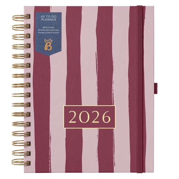 Busy B Kroužkový plánovací diář To Do A5 Stripe 2026, růžová barva, papír