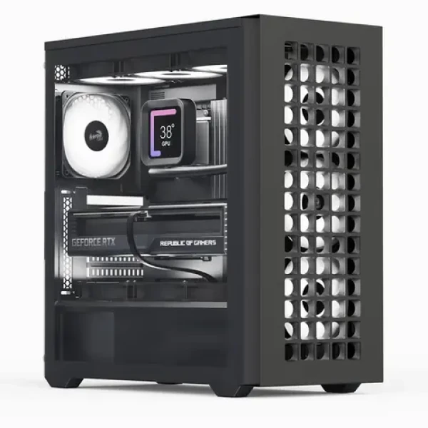 Aerocool D502A-G-BK-V1 černá / Skříň / ATX / Mesh / 2x USB-A 3.2 Gen2 / 1x USB-C / bez zdroje / temperované sklo (ACCM-MA02043.11)