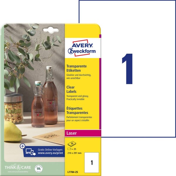 Avery-Zweckform L7784-25 Fóliové etikety 210 x 297 mm poylesterová fólie transparentní 25 ks trvalé barevná laserová tiskárna, laserová tiskárna, barevná