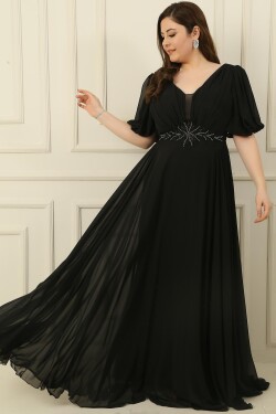 By Saygı Plus Size Long Chiffon Dress With V-Neck Front Beaded Waist Draped and Lined Front Back