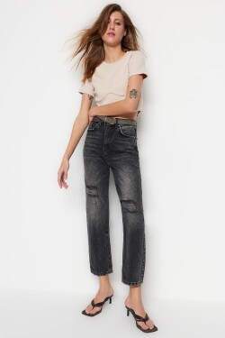 Trendyol černé roztrhané rovné džíny s vysokým pasem
