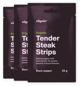 Vilgain Sušené steakové proužky BIO – 3× černý pepř 25 g
