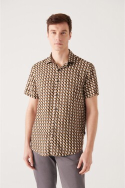 Avva Men's Khaki Geometric Pattern Viscose Shirt