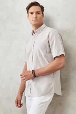 AC&Co Altınyıldız Classics Men's Gray Comfort Fit Relaxed Cut Buttoned Collar Linen Look 100% Cotton Flamed Short Sleeve Shirt