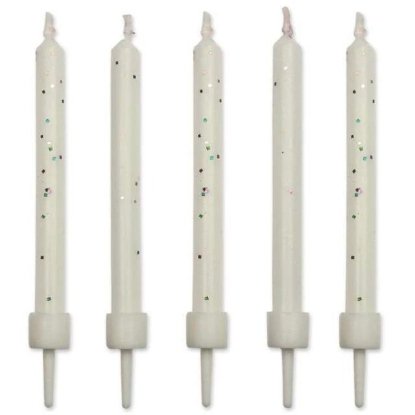 Svíčky dortové s držáky, sada 10ks, 55mm - bílé, třpytky