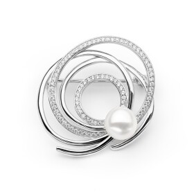 Stříbrná brož s bílou perlou a zirkony Nicola, stříbro 925/1000, Bílá