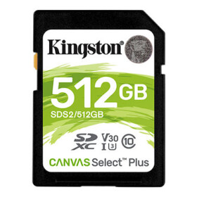 Kingston Canvas Select Plus SDXC 512GB / UHS-I / Class 10 / čtení: až 100 MBs / zápis: až 85MBs (SDS2/512GB)