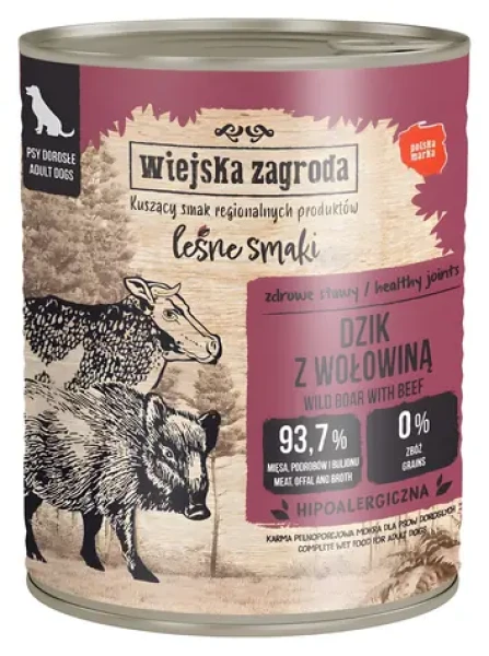 WIEJSKA ZAGRODA Forest Flavours Divočák s hovězím 800 g / Konzerva pro psy / bez obilovin / pro dospělé psy
