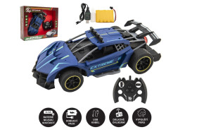 Auto RC Sport modré vypouštějící páru plast 30cm 2,4GHz na bat. + dobíjecí pack v krabici 43x35x12cm