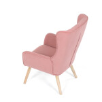 Křeslo, potah růžová manšestrová látka, dřevěné nohy, masiv kaučukovník