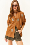 Olalook Women's Brown Sequin Detailed Woven Boyfriend Shirt