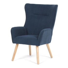 Křeslo, potah modrá manšestrová látka, dřevěné nohy, masiv kaučukovník