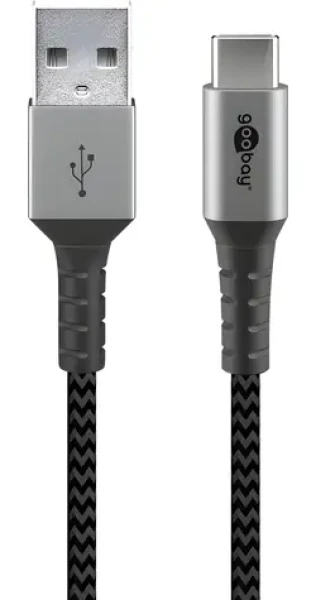 Goobay 49296 šedá/stříbrná / Datový kabel / USB-C - USB-A / textilní opletení / kovové konektory / 1 m (49296)